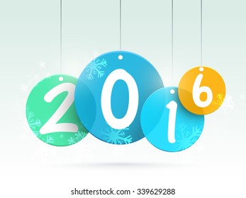 Stylish text 2016 on hanging tags with snowflakes for Happy New Year celebration.