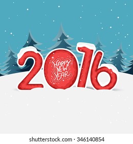 Stylish text 2016 in snow on fir trees decorated background for Happy New Year celebration.
