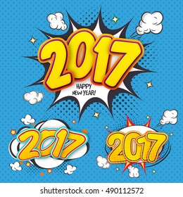 Stylish Text 2017 with pop art explosion for Happy New Year Celebration.