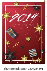 Stylish text 2019 with gift boxes and stars on red background for Happy New Year celebration concept.