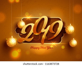 Stylish text 2019 on golden blurred background decorated with hanging christmas ball for New Year celebration. Can be used as greeting card design.