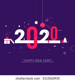 Stylish text 2020 decorated with gift box, xmas tree, star and baubles on purple background for Happy New Year celebration greeting card design.