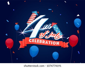 Stylish text 4th of July, balloons, and firecrackers on blue background.