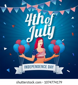 Stylish text 4th of July with bunting flags, balloons on blue rays background.
