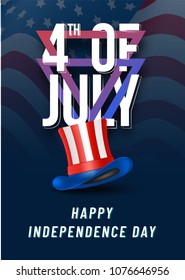 Stylish text 4th of July with Hat on blue, national flag waving background.