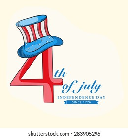 Stylish text 4th of July with hat in national flag color on beige background for American Independence Day celebration.