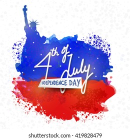 Stylish text 4th of July, Independence Day on blue and red colors splash. Elegant greeting card design for American Independence Day celebration.
