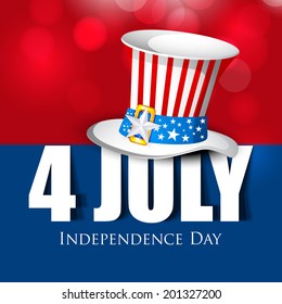 Stylish text 4th July with long hat in national flag colors on red and blue background for 4th of July, American Independence Day celebrations. 