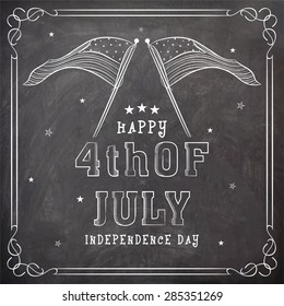 Stylish text 4th of July and national flag created by white chalk on blackboard background for American Independence Day celebration.