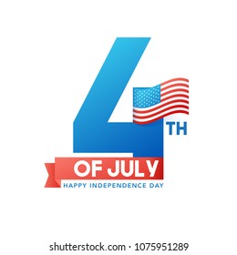 Stylish text 4th of July, waving flag. Happy Independence Day celebration concept on white background.