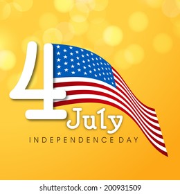 Stylish text 4th of July with waving American Flag on bright yellow background for Independence Day celebrations. 