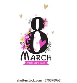 Stylish text 8 March with beautiful flowers on hearts decorated grey background for Happy Women's Day celebration.