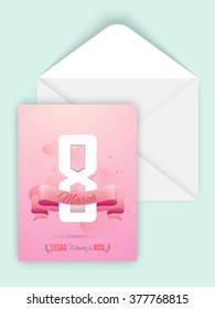 Stylish text 8 March and glossy ribbon decorated, Shiny greeting card design with envelope for Happy Women's Day celebration.