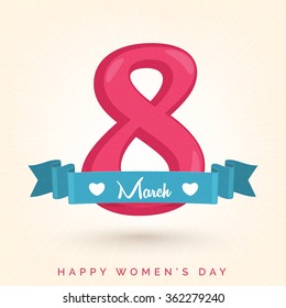 Stylish text 8 March with ribbon for Happy International Women's Day celebration.