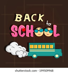 Stylish text Back to School with bus and cool boys faces in specs. 