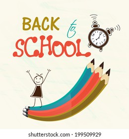 Stylish text Back to School with colorful pencils, watch and cute doodle of a happy girl on beige background. 