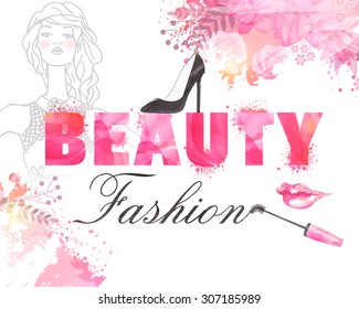 Stylish text Beauty Fashion with illustration of young modern girl on color splash background, can be used as poster, banner or flyer design.