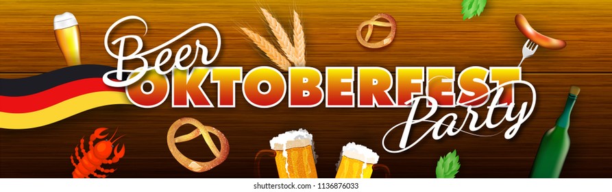Stylish text Beer Oktoberfest Party with illustration of beer mugs, sausage, fork, pretzel, hops, wheat grain, crab and German flag on wooden texture background. Website banner design.