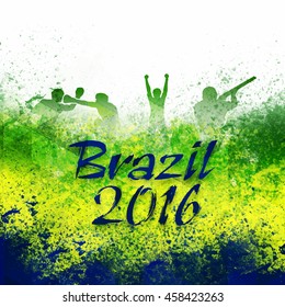 Stylish Text Brazil 2016 with silhouette of different sports players on Brazilian Flag color abstract background, Poster or Banner for  Games concept.