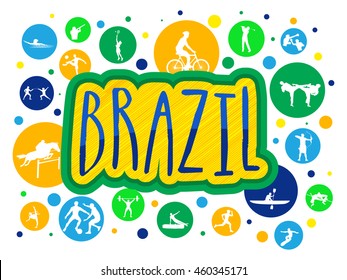 Elegante Textos Brasil con ilustración de diferentes juegos en círculos coloridos, se puede usar como afiche, pancarta o diseño de volante para el concepto de deportes.