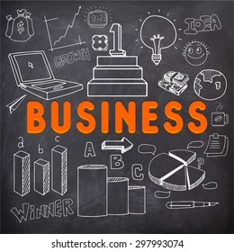 Stylish text Business with infographic elements created by white chalk on blackboard background.