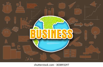 Texto elegante Negocios en el mundo creativo con varios elementos infográficos de negocios para su impresión, presentación y publicación.