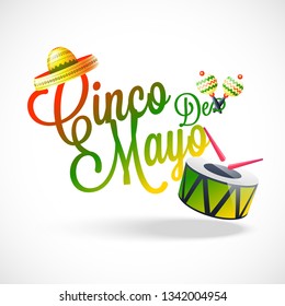 Stylish text of Cinco De Mayo party celebration with music instrument on white background.