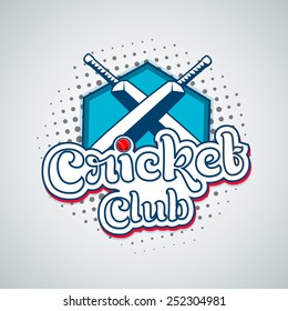 Stylish text Cricket Club with bat and red ball on shiny sky blue background.