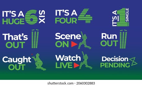 Stylish text Cricket Sports concept Cricket terms text typography icon set with silhouette cutouts of cricket players actions pack-Vector EPS10 illustration