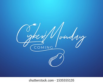 Stylish text Cyber Monday Coming with wired mouse on blue background can be used as banner or poster design.