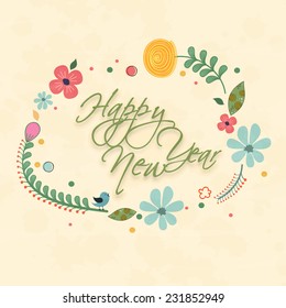 Stylish text decorated with beautiful floral design, greeting card for Happy New Year celebrations.
