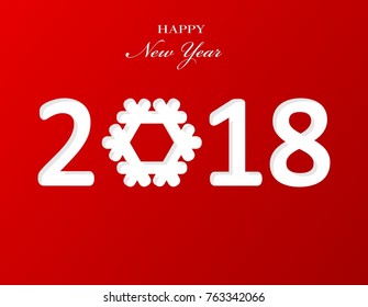 Stylish text design 2018 with snowflake for Happy New Year celebration. Red background paper Vector Illustration