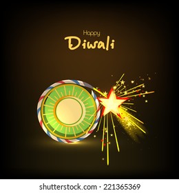 Stylish text of Diwali with exploding cracker for Diwali celebration on shiny background.