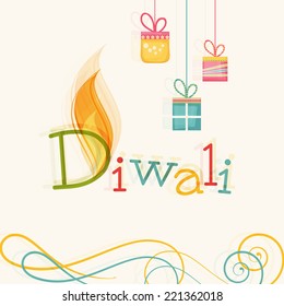 Stylish text of Diwali with flame and hanging gift for Diwali celebration on floral decorated background.