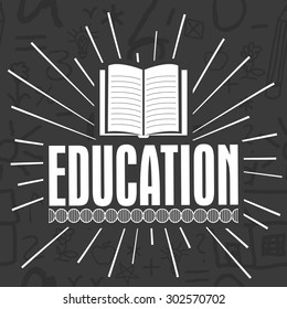 Stylish text Education with open book on educational elements background.
