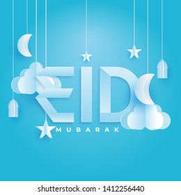 Stylish text of "Eid" with decoration of hanging moon, clouds and lantern on sky blue background. Paper cut style poster or banner design.