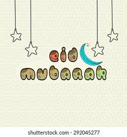 Stylish text Eid Mubarak with blue crescent moon and hanging stars on floral design decorated background for famous Islamic festival, celebration.