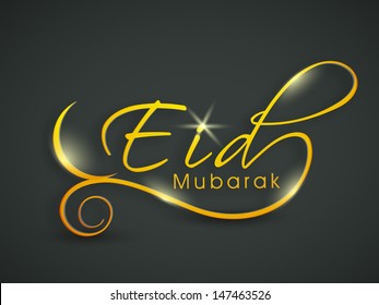 Stylish text Eid Mubarak with golden moon on abstract grey background. 