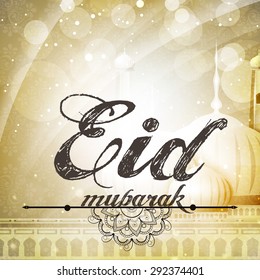 Stylish text Eid Mubarak on creative mosque, shiny floral design decorated background for Muslim community festival celebration.