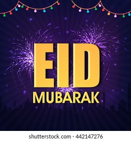 Stylish text Eid Mubarak on Mosque silhouetted, Sparkling fireworks purple background for Muslim Community Festival Celebration.