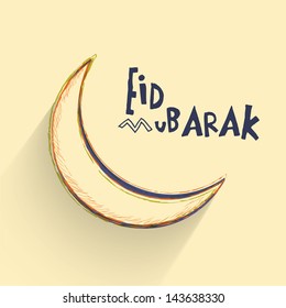 Stilvoller Text Eid Mubarak mit glänzendem Mond auf abstraktem Hintergrund.