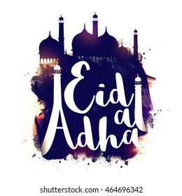 Stylish Text Eid-Al-Adha with Minarets on abstract paint stroke, Mosque decorated background for Muslim Community, Festival of Sacrifice Celebration.