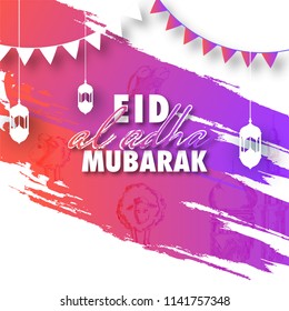 Stylish text Eid-Al-Adha Mubarak on shiny brush stoke background with hanging lanterns and bunting flags decorated banner. Muslim community festival celebration.