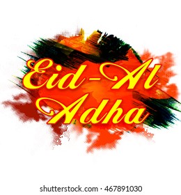 Stylish Text Eid-Al-Adha on colorful abstract paint stroke background for Muslim Community, Festival of Sacrifice Celebration, Vector greeting card design.