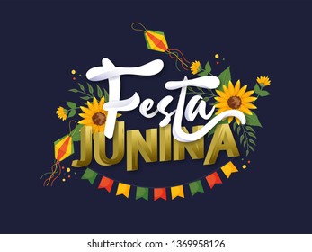 Stylish text Festa Junina decorated with beautiful sunflowers, paper lantern and bunting flags on blue background. Can be used as banner or poster design.