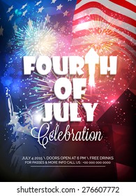 Stylish text Fourth of July, and Satue of Liberty on shiny fireworks decorated national flag background for American Independence Day celebration.