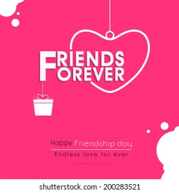 Stylish text Friends Forever with hanging heart and gift box on pink background for Happy Friendship Day celebrations. 