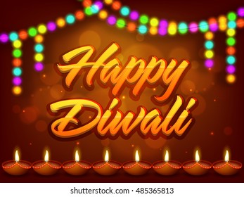 Stylish text Happy Diwali with illuminated oil lamps (Diya) and colorful lights decoration, Beautiful glowing background for greeting card, poster, banner, flyer design, Indian Festival concept.