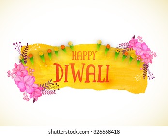 Stylish text Happy Diwali on floral design and traditional mango leaves decorated background, can be used as poster, banner or flyer design.