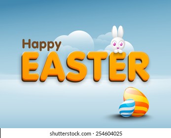 Stylish text Happy Easter with cute bunny and painted eggs on nature background.